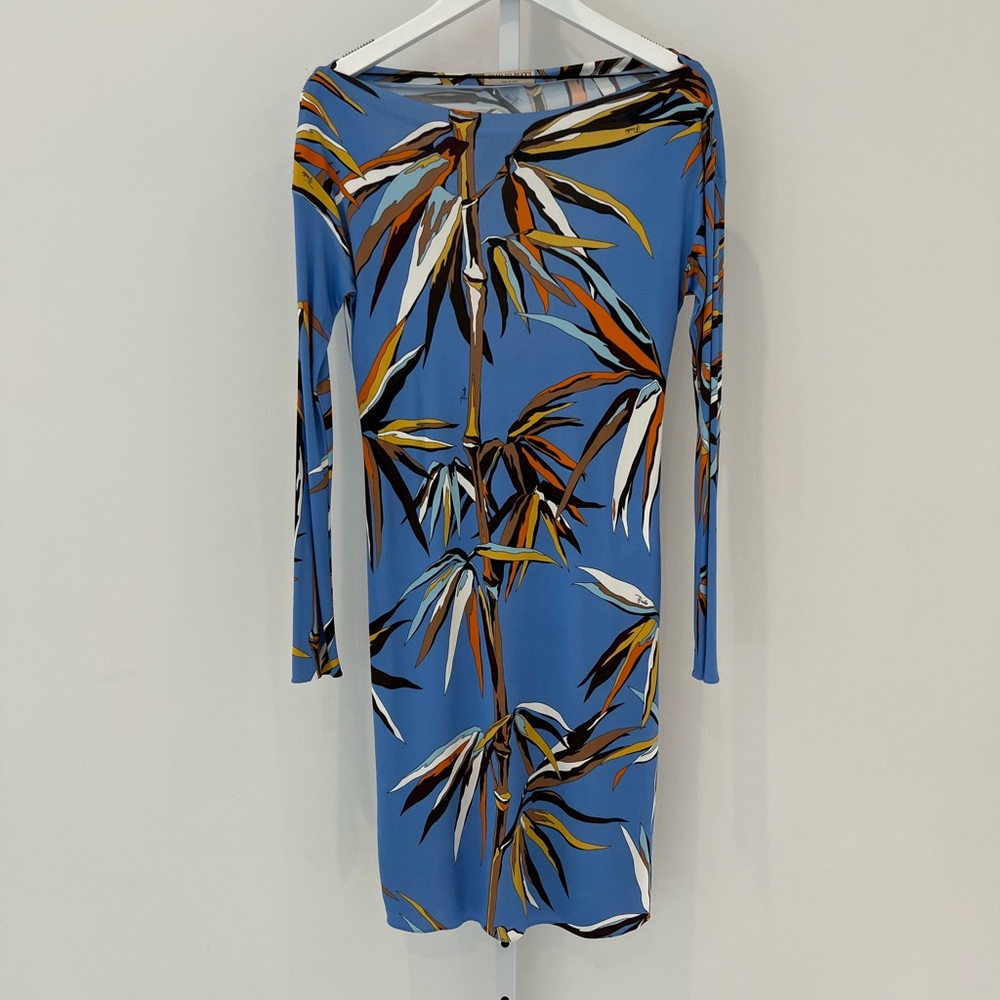 EMILIO PUCCI BLUE MULTI BAMBOO DRESS MODEL 71RL51 SIZE IT 40 / US 6 NWOTS!